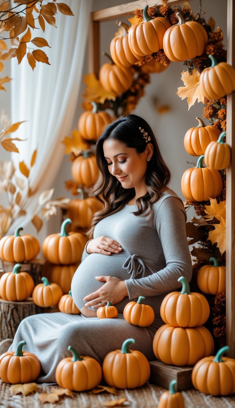 Pregnant woman holding her baby bump surrounded by small decorative pumpkins in a cozy autumn-themed setting.